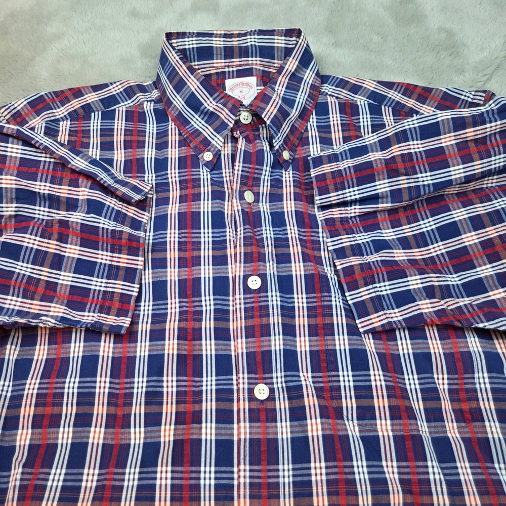 Brooks Brothers 346 Plaid Shirt Mens‎ Medium Blue Red Short Sleeve Button Down